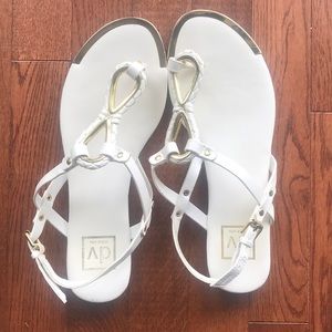 White sandals with gold accents, worn once